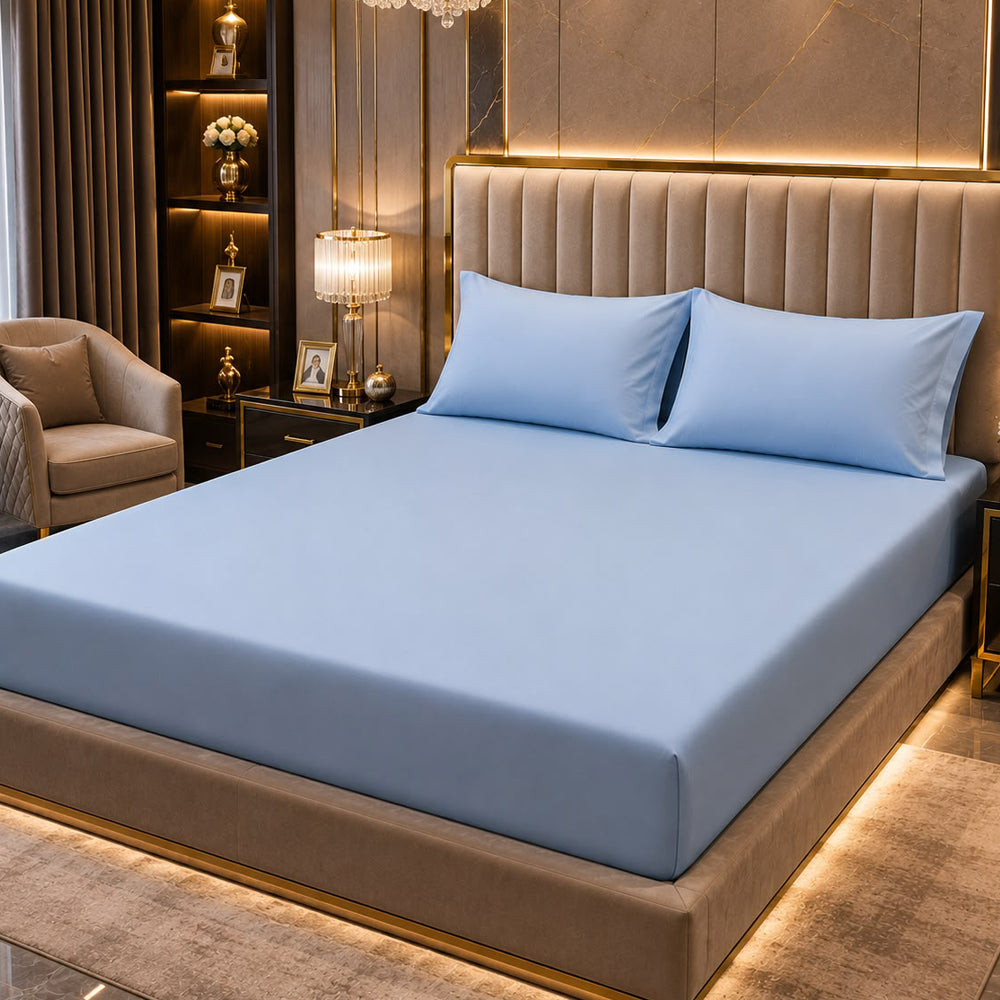 Light Blue Plain Solid 300 TC 100% Cotton King Size Bed Sheet Set