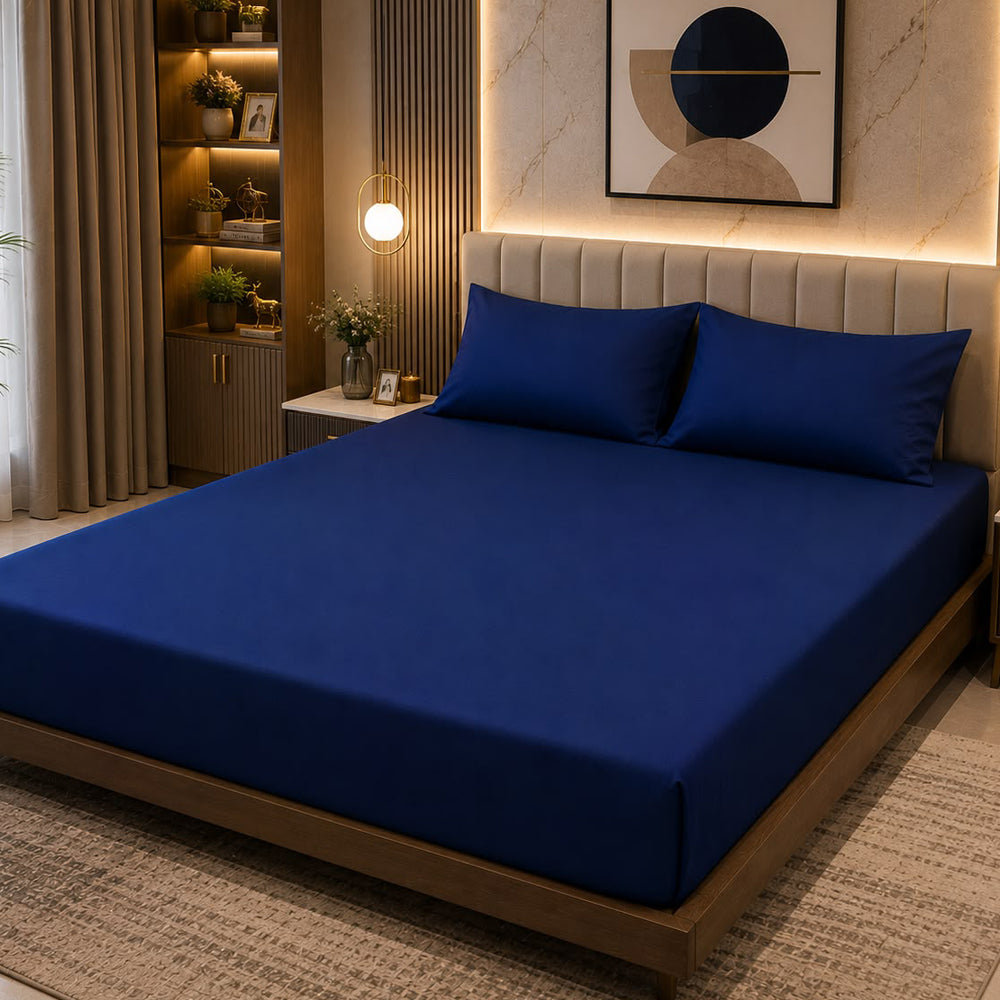 Navy Blue Plain Solid 300 TC 100% Cotton King Size Bed Sheet Set
