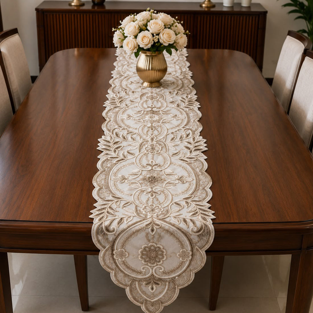 Royal Arabesque Embroidered Table Runner – 16 × 72 Inches