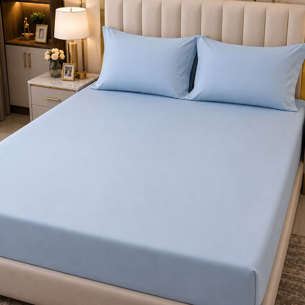 Light Blue Plain Solid 300 TC 100% Cotton King Size Bed Sheet Set