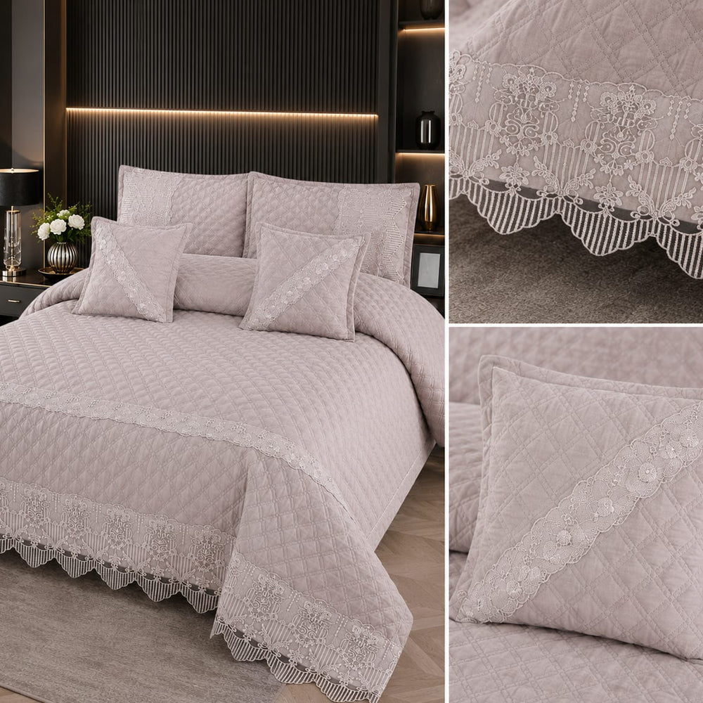 Light Dusty Pink Designer Lace 5 Piece Bed Cover Set with Cushion Covers
