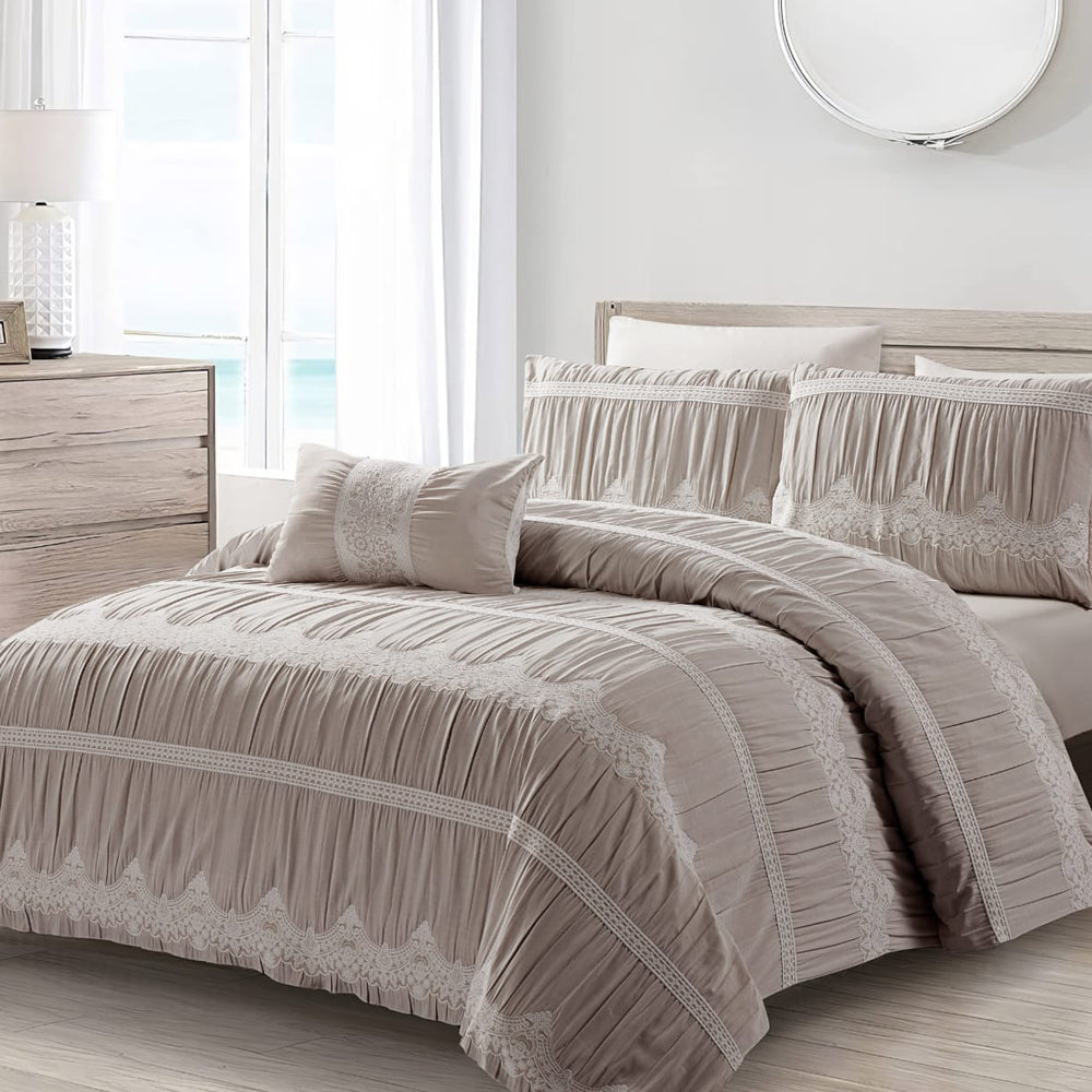 Royal Lace Elegance Comforter Set – Linen Taupe – 5 Pieces