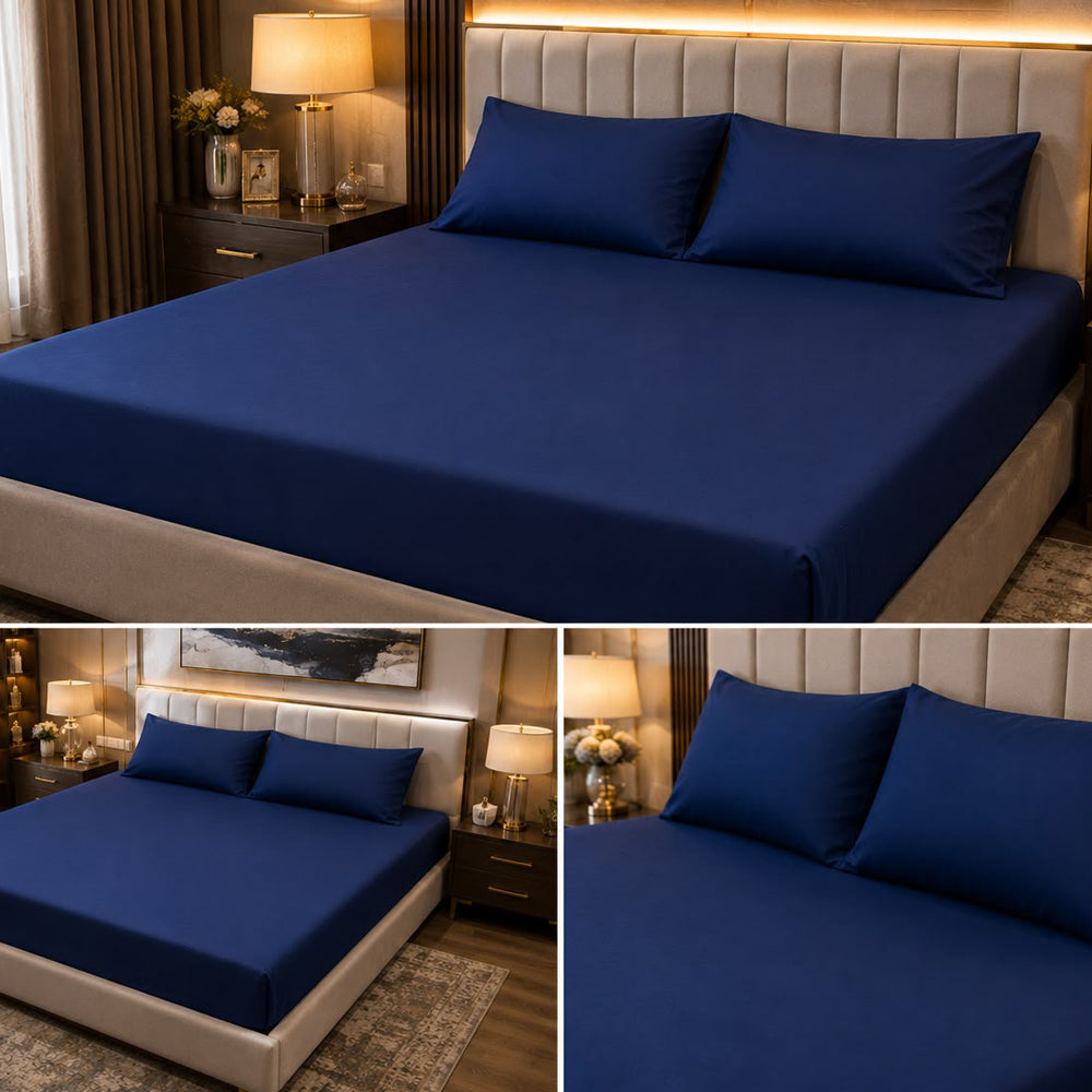 Navy Blue Plain Solid 300 TC 100% Cotton King Size Bed Sheet Set