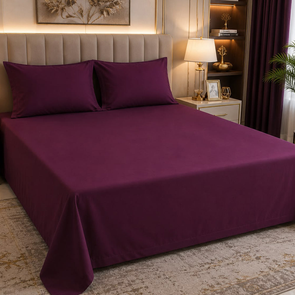 Purple Plain Solid 300 TC 100% Cotton King Size Bed Sheet Set