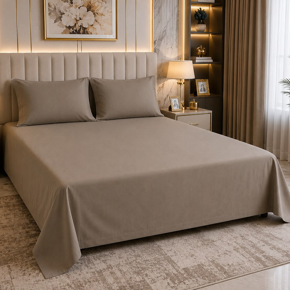 Earthy Taupe Plain Solid 300 TC 100% Cotton King Size Bed Sheet Set