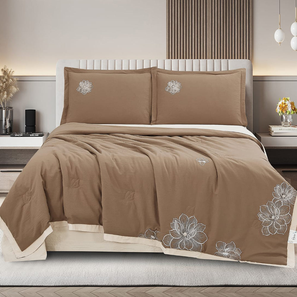 Royal Blossom Embroidered Comforter Set – Mocha | 4 Pieces