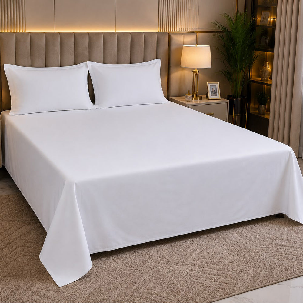 White Plain Solid 300 TC 100% Cotton King Size Bed Sheet Set