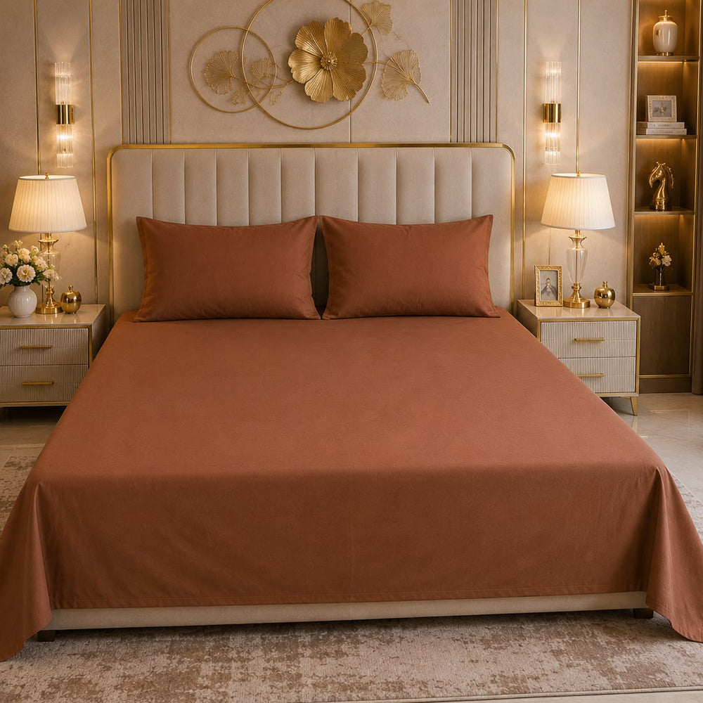 Coffee Plain Solid 300 TC 100% Cotton King Size Bed Sheet Set