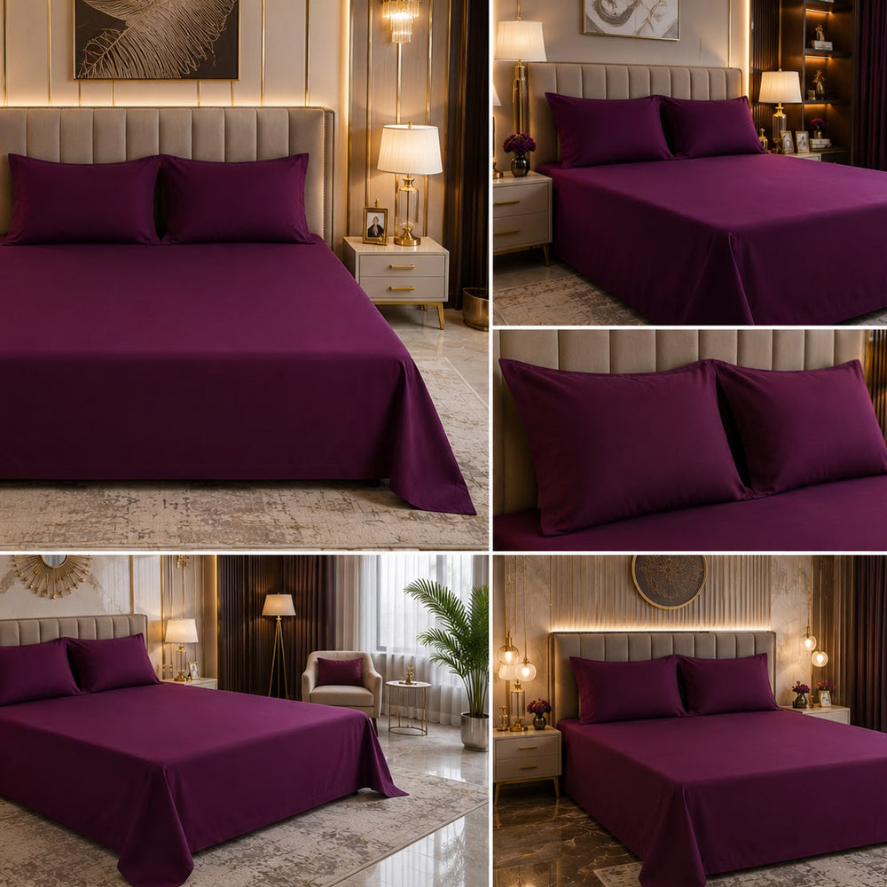 Purple Plain Solid 300 TC 100% Cotton King Size Bed Sheet Set