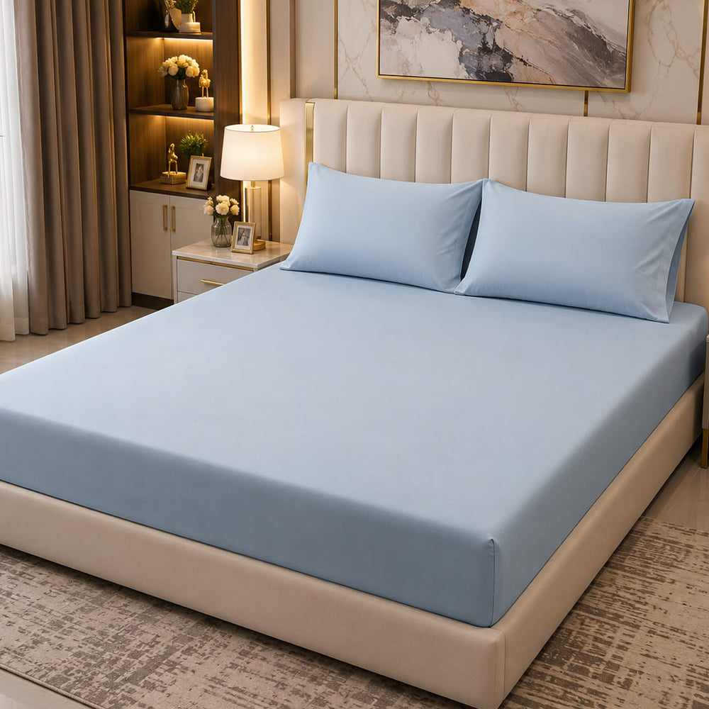 Light Blue Plain Solid 300 TC 100% Cotton King Size Bed Sheet Set