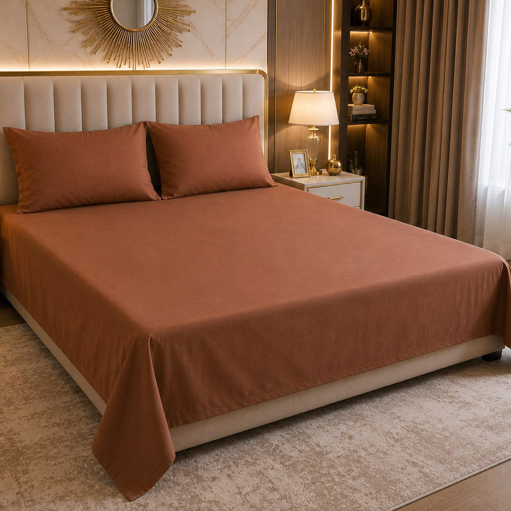 Coffee Plain Solid 300 TC 100% Cotton King Size Bed Sheet Set