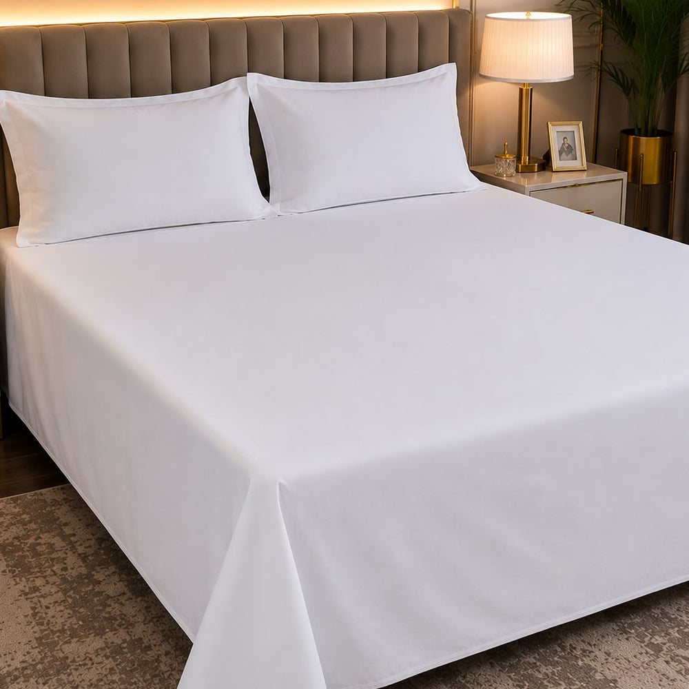 White Plain Solid 300 TC 100% Cotton King Size Bed Sheet Set