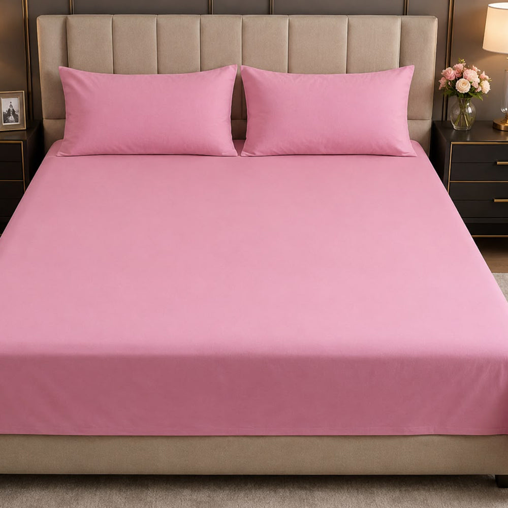 Peach Pink Solid 300 TC 100% Cotton King Size Bed Sheet Set