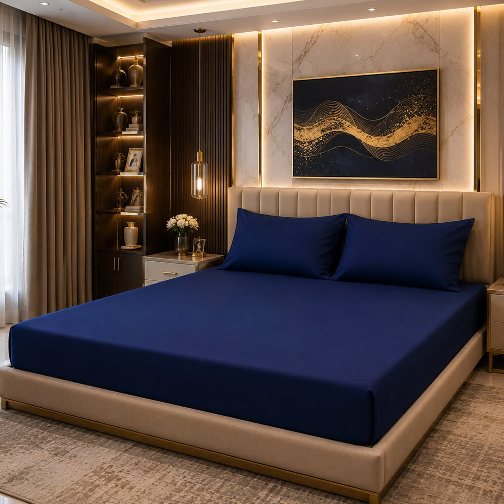 Navy Blue Plain Solid 300 TC 100% Cotton King Size Bed Sheet Set