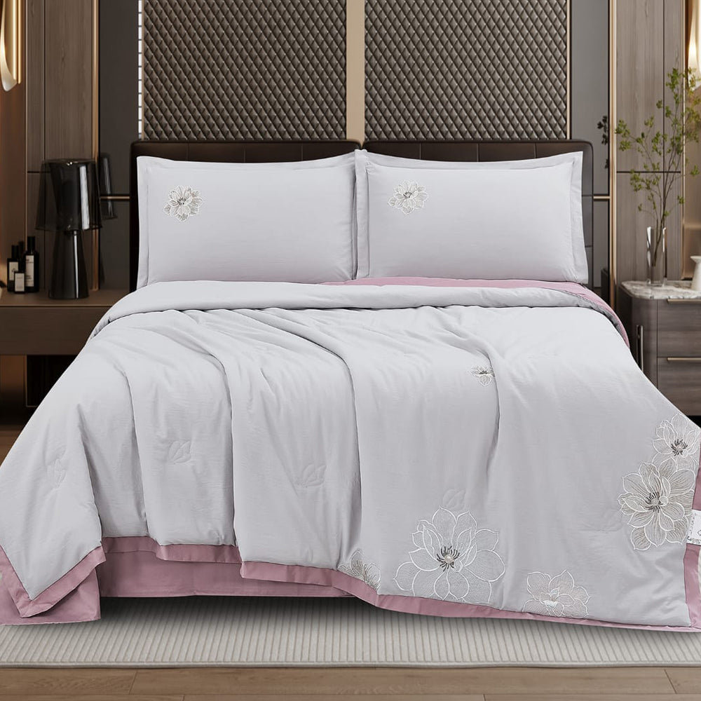 Royal Blossom Embroidered Comforter Set – Silver Mist | 4 Pieces