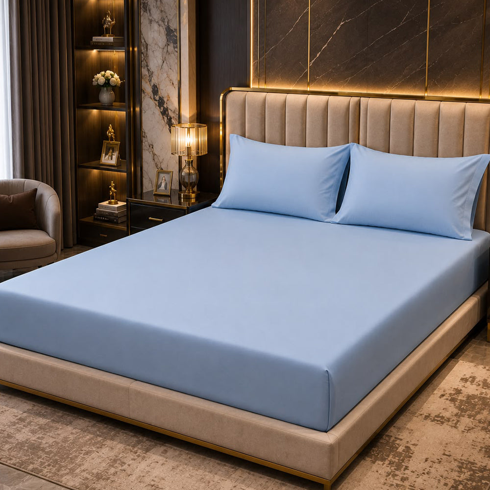Light Blue Plain Solid 300 TC 100% Cotton King Size Bed Sheet Set