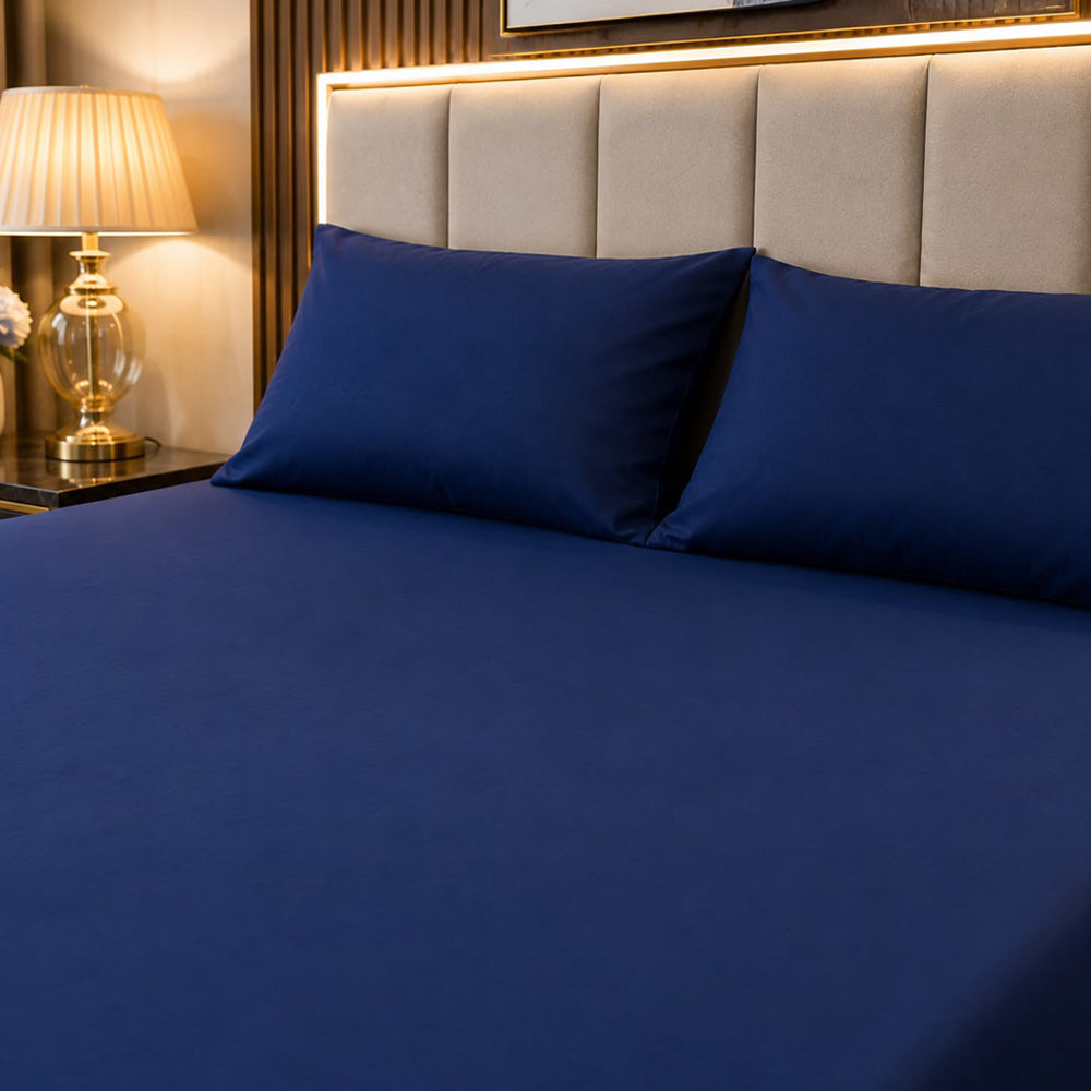 Navy Blue Plain Solid 300 TC 100% Cotton King Size Bed Sheet Set