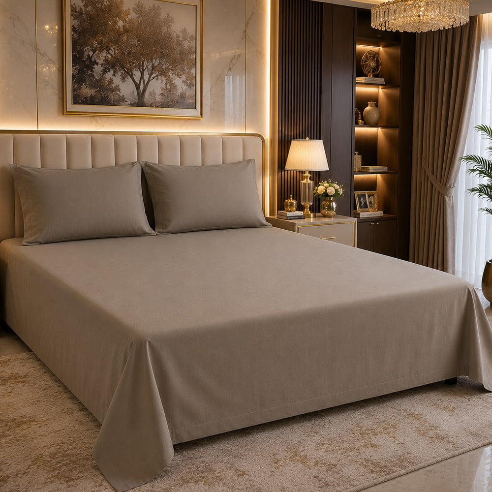 Earthy Taupe Plain Solid 300 TC 100% Cotton King Size Bed Sheet Set