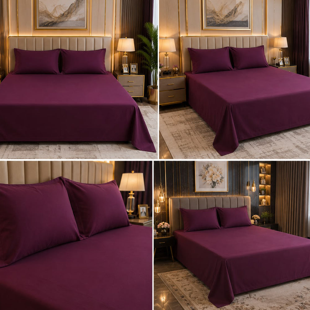 Purple Plain Solid 300 TC 100% Cotton King Size Bed Sheet Set
