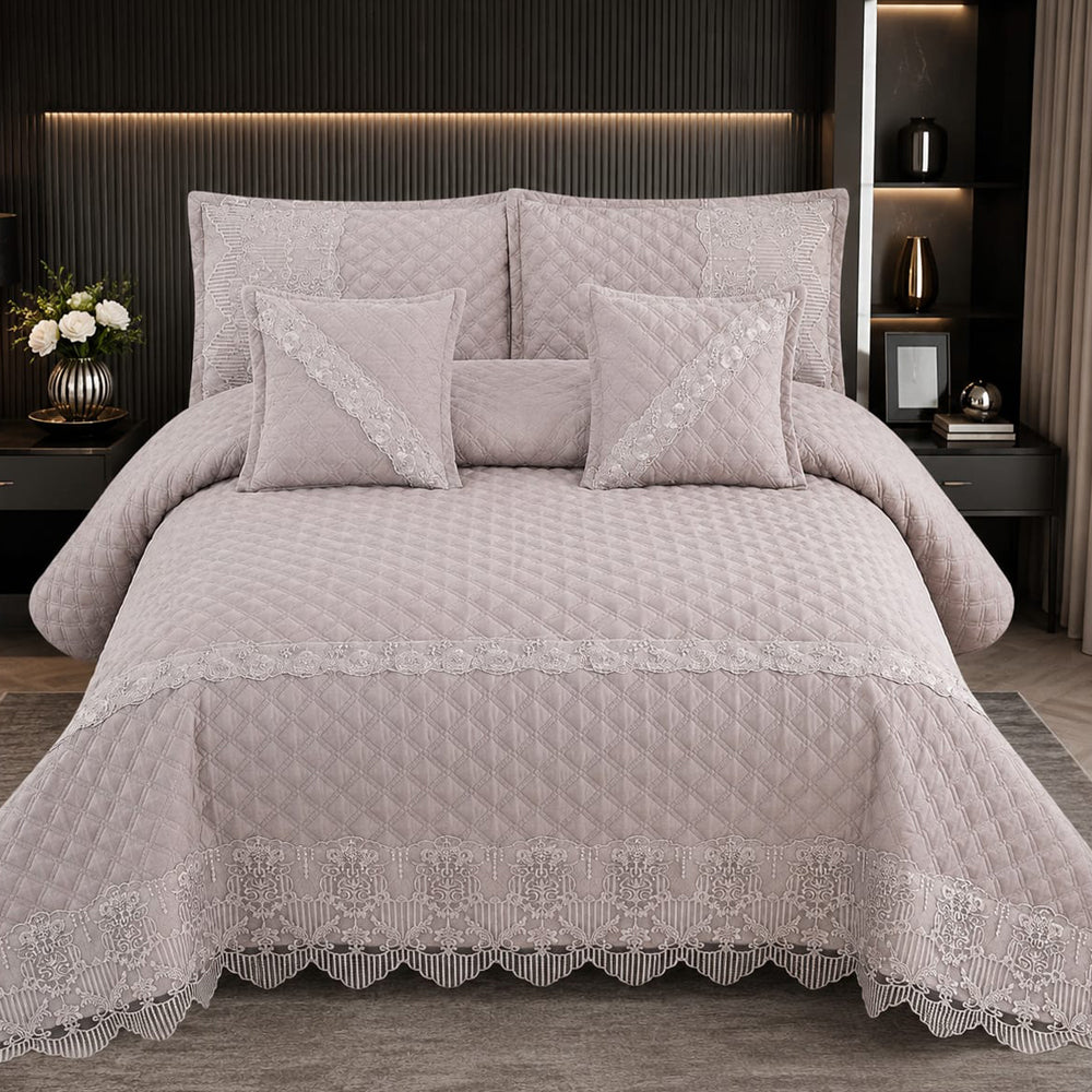 Light Dusty Pink Designer Lace 5 Piece Bed Cover Set with Cushion Covers