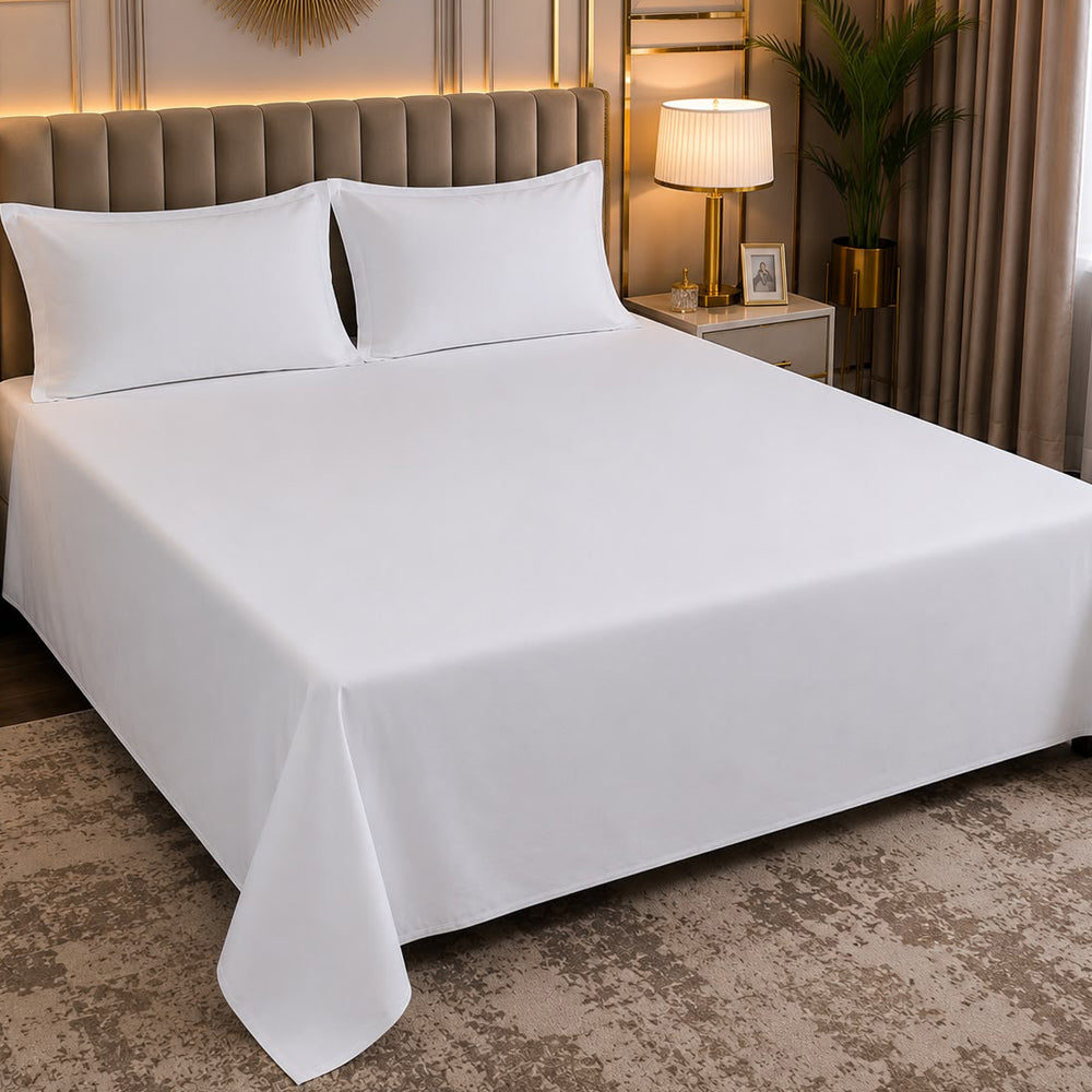 White Plain Solid 300 TC 100% Cotton King Size Bed Sheet Set