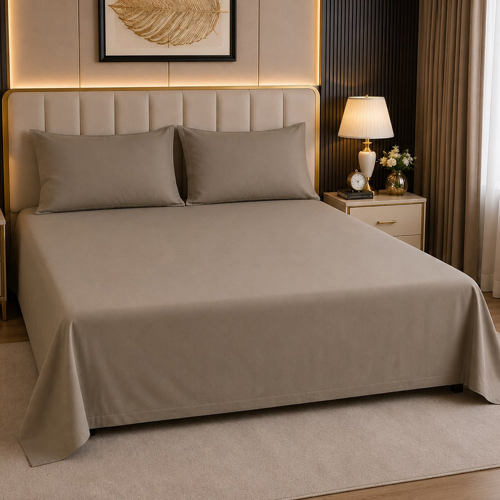 Earthy Taupe Plain Solid 300 TC 100% Cotton King Size Bed Sheet Set