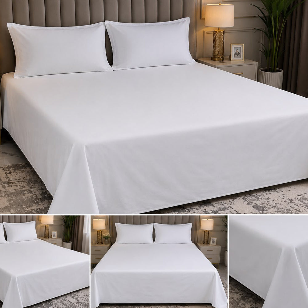 White Plain Solid 300 TC 100% Cotton King Size Bed Sheet Set