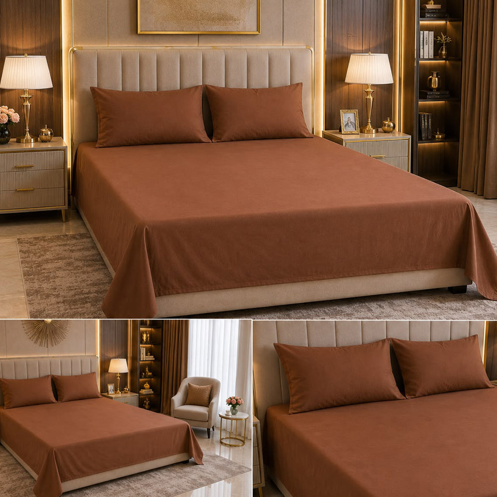 Coffee Plain Solid 300 TC 100% Cotton King Size Bed Sheet Set