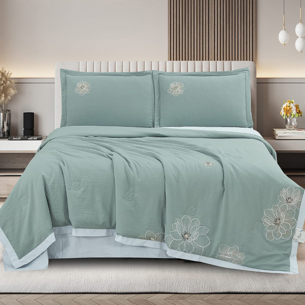 Royal Blossom Embroidered Comforter Set – Sage Green | 4 Pieces