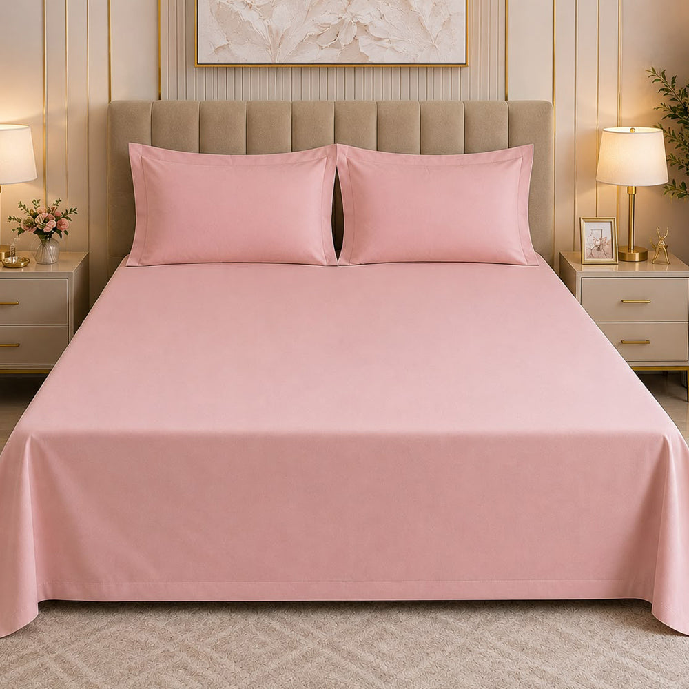 Baby Pink Solid 300 TC 100% Cotton King Size Bed Sheet Set