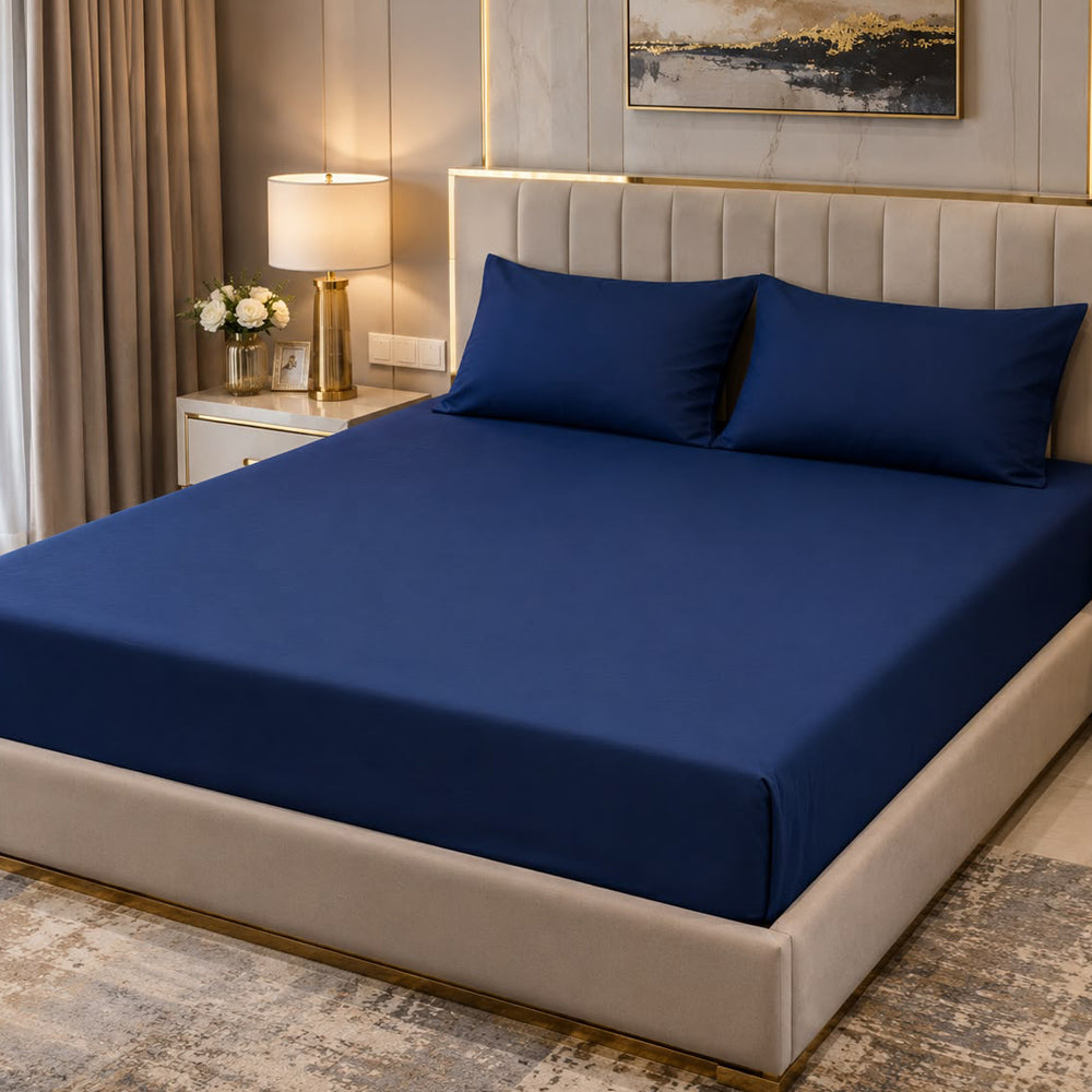 Navy Blue Plain Solid 300 TC 100% Cotton King Size Bed Sheet Set