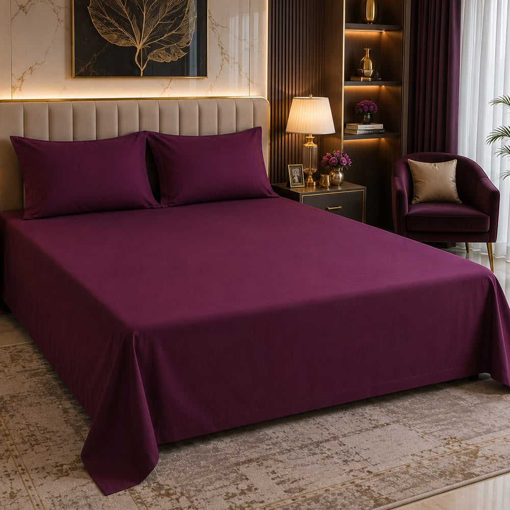 Purple Plain Solid 300 TC 100% Cotton King Size Bed Sheet Set