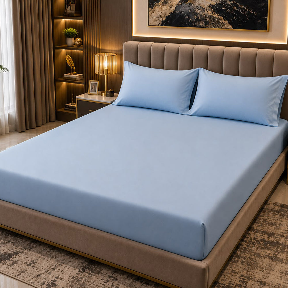 Light Blue Plain Solid 300 TC 100% Cotton King Size Bed Sheet Set