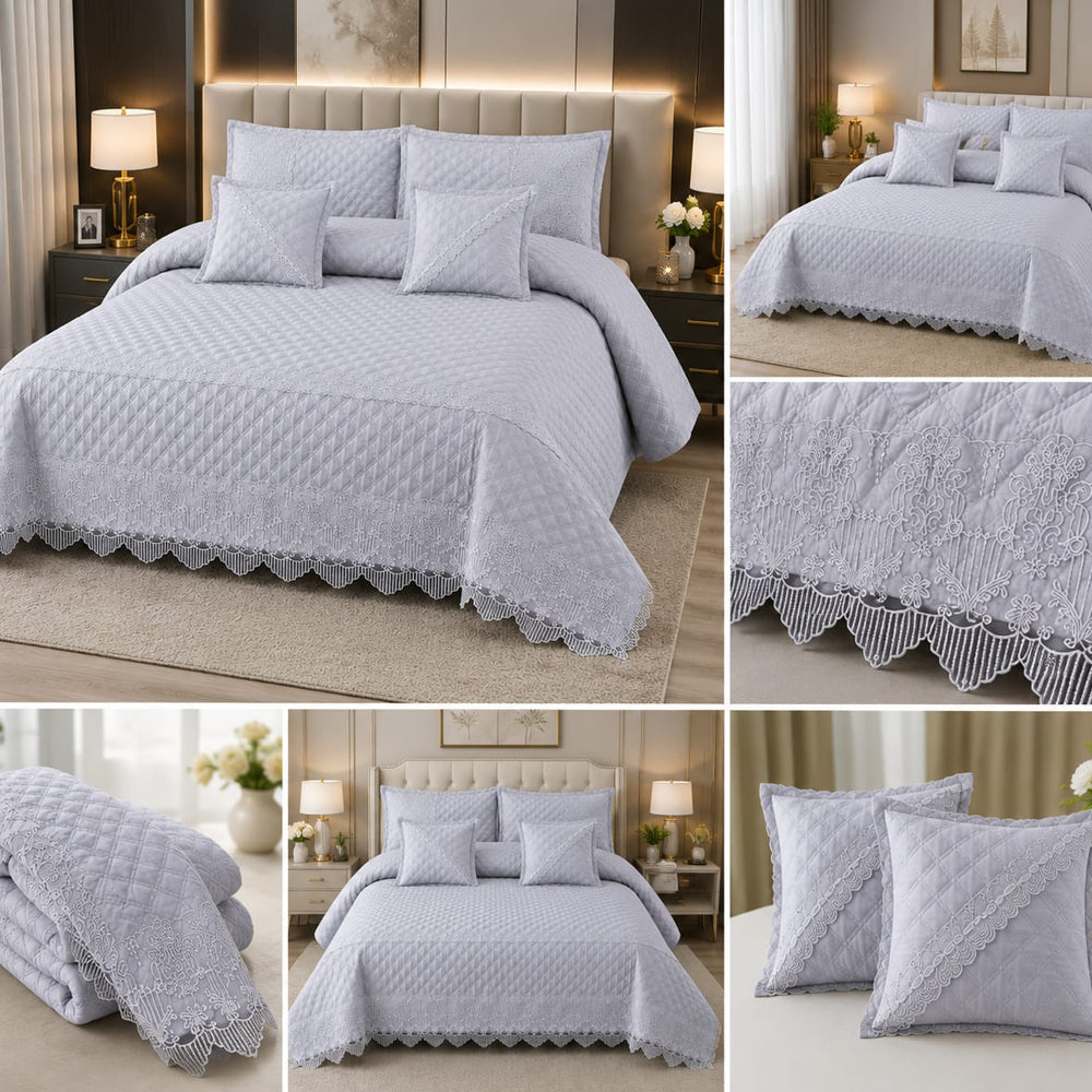 Light Grey Designer Lace 5 Piece Bed Cover Set with Cushion Covers