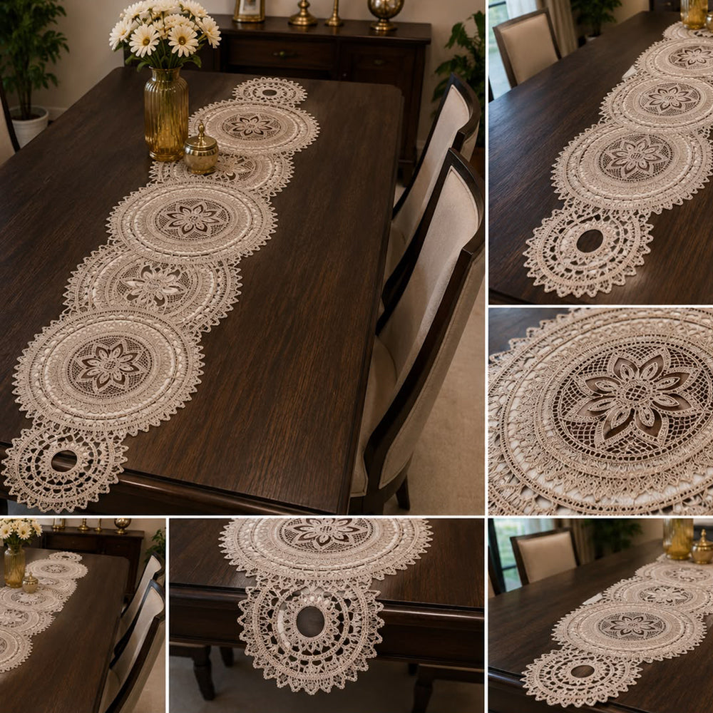 Lace Medallion Embroidered Table Runner – 16 × 72 Inches