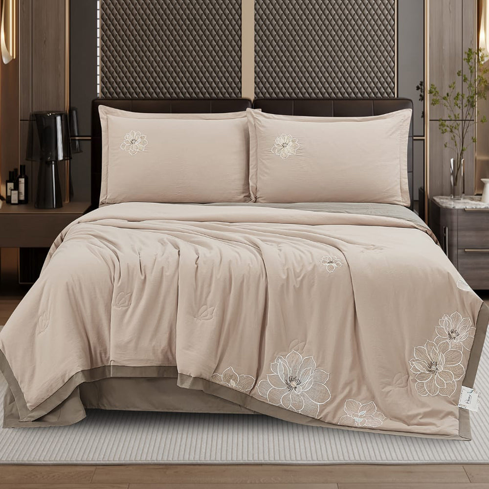 Royal Blossom Embroidered Comforter Set – Champagne Beige | 4 Pieces
