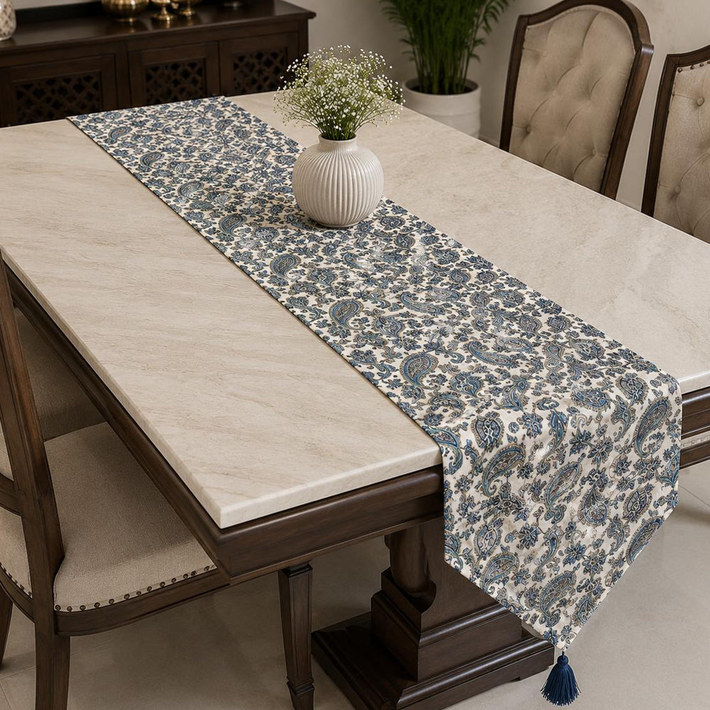 Ivory Blue Paisley Elegance Premium Table Runner – 16 × 72 Inches