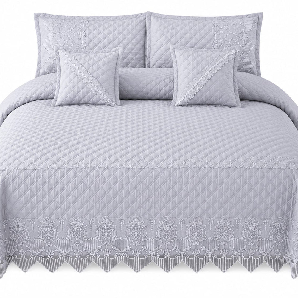 Light Grey Designer Lace 5 Piece Bed Cover Set with Cushion Covers