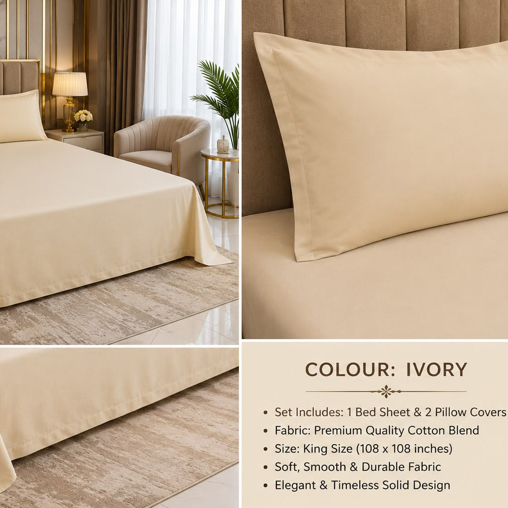 Light Ivory  Solid 300 TC 100% Cotton King Size Bed Sheet Set
