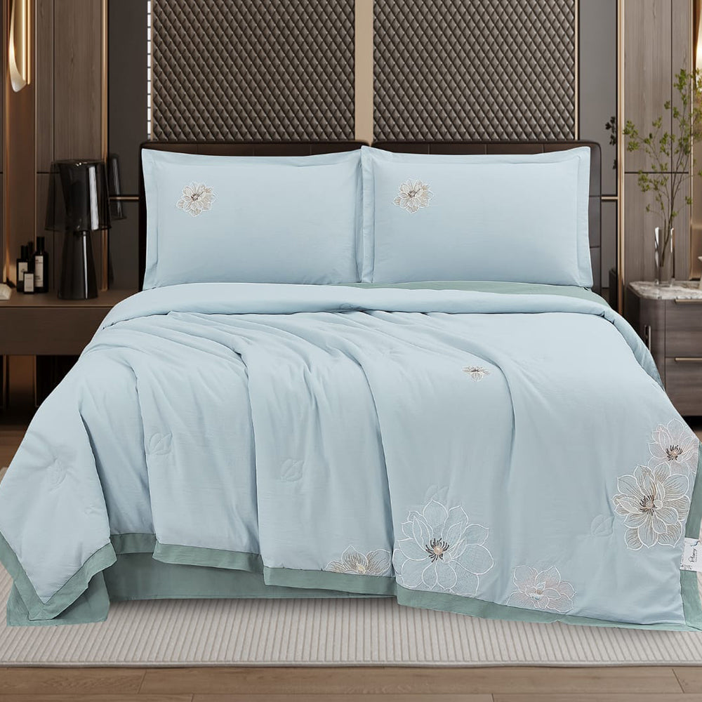 Royal Blossom Embroidered Comforter Set – Sky Blue | 4 Pieces