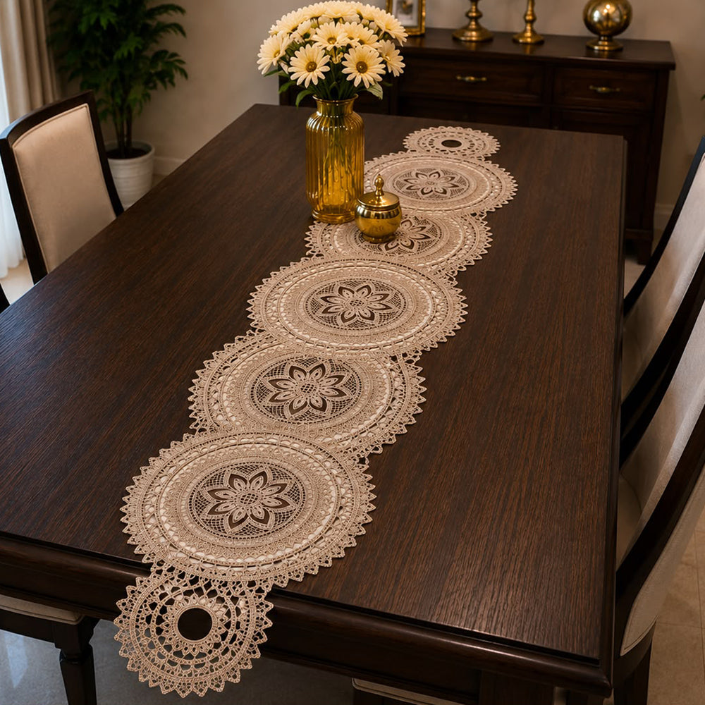 Lace Medallion Embroidered Table Runner – 16 × 72 Inches