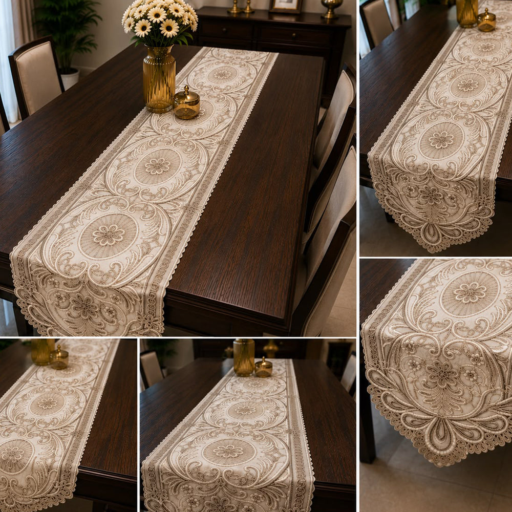 Regal Scroll Embroidered Table Runner – 16 × 72 Inches