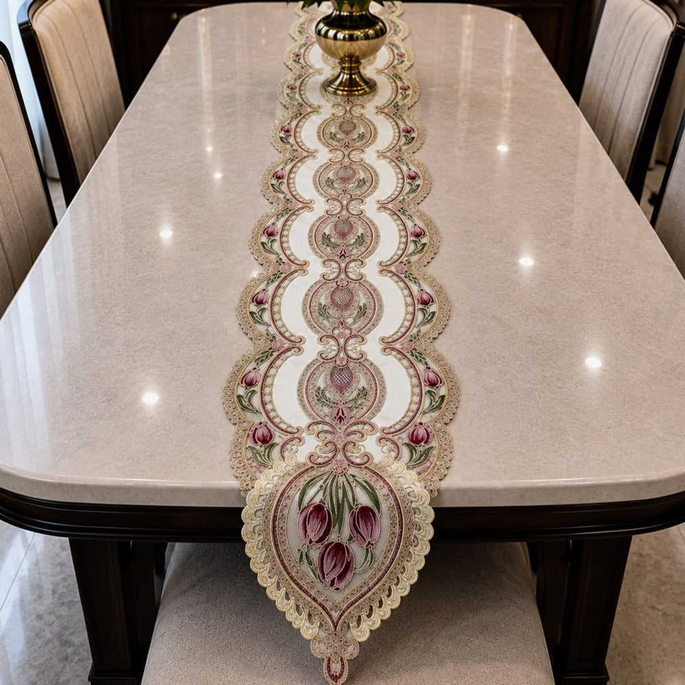 Tulip Royale Embroidered Table Runner – 16 x 96 Inches