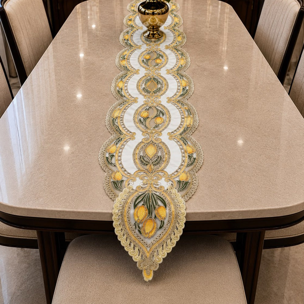 Golden Tulip Embroidered Table Runner – 16 x 96 Inches