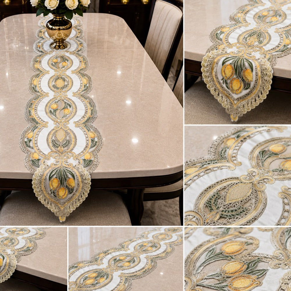 Golden Tulip Embroidered Table Runner – 16 x 96 Inches