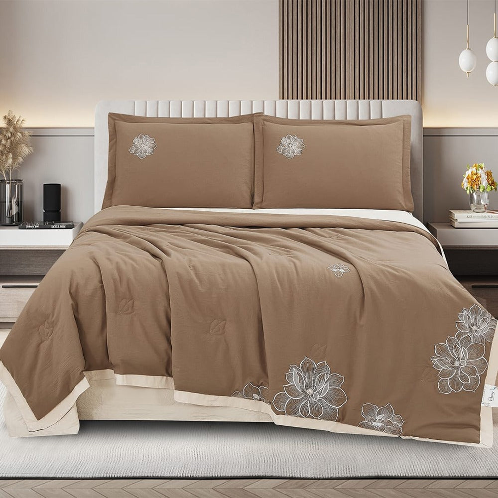 Royal Blossom Embroidered Comforter Set – Mocha | 4 Pieces