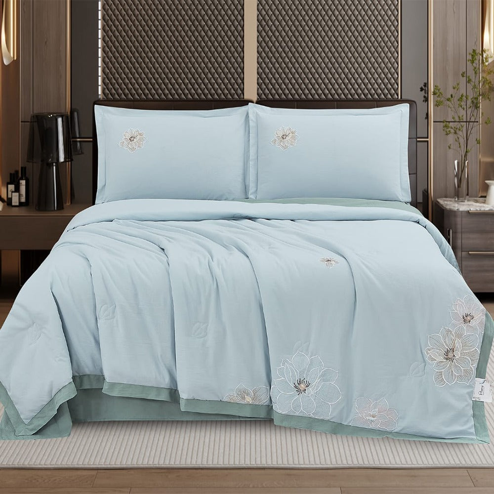 Royal Blossom Embroidered Comforter Set – Sky Blue | 4 Pieces