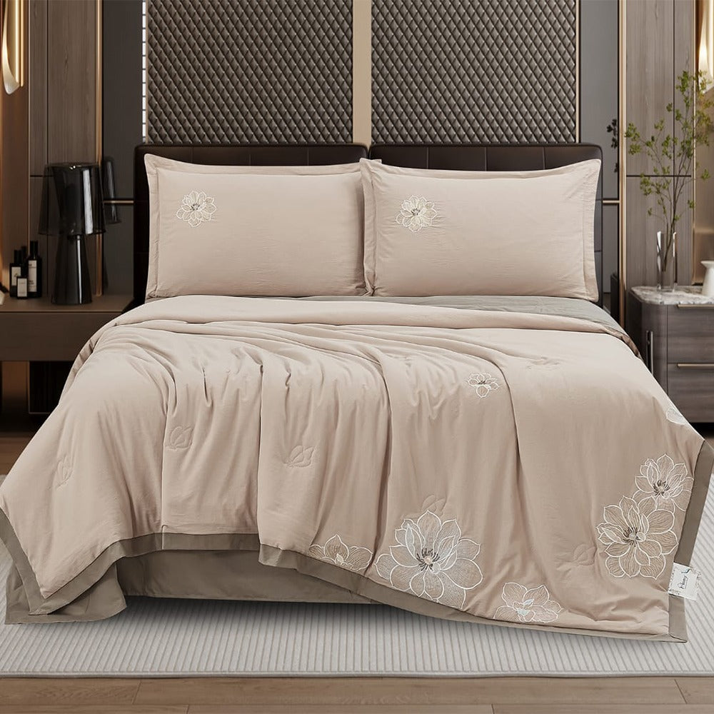 Royal Blossom Embroidered Comforter Set – Champagne Beige | 4 Pieces