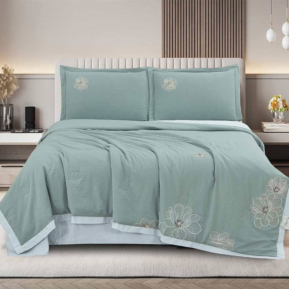 Royal Blossom Embroidered Comforter Set – Sage Green | 4 Pieces